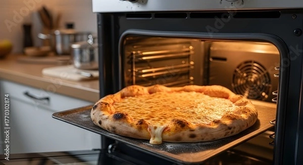 Fototapeta A delicious homemade pizza is baking in the convection oven.