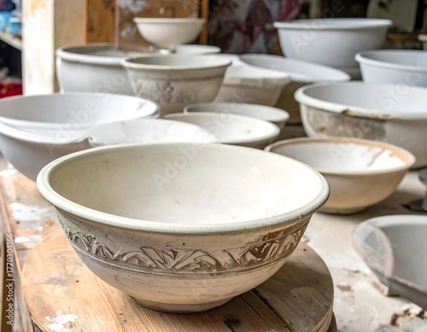 Fototapeta Group of unglazed ceramic bowls, varying sizes and textures, on a wooden table