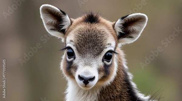 Fototapeta Adorable baby antelope with big, soulful eyes and fluffy fur, a heartwarming and tender animal portrait perfect for wildlife conservation campaigns