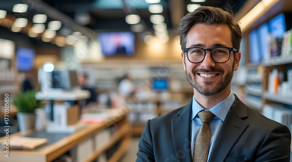 Fototapeta Confident young professional with a warm smile, wearing glasses and a suit in a modern office setting, projecting success and approachable leadership