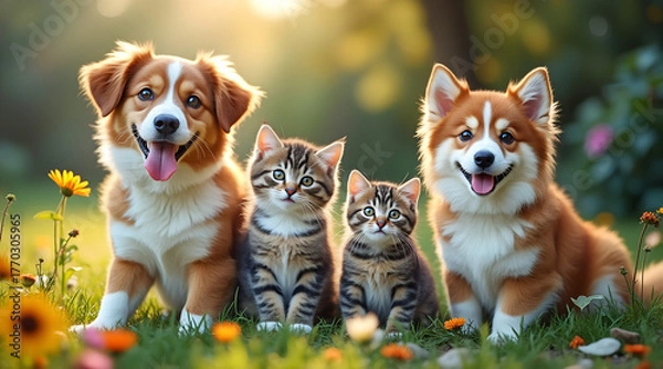 Fototapeta Adorable fluffy puppies and kittens enjoying a sunny day in a vibrant meadow filled with wildflowers, radiating pure joy and companionship.
