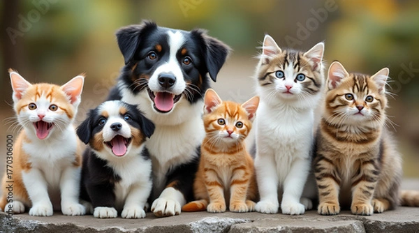 Fototapeta Adorable puppies and kittens gather for a heartwarming group portrait, exuding pure joy and playful innocence in a natural outdoor setting