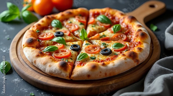 Fototapeta Savor the irresistible aroma and cheesy perfection of a freshly baked margherita pizza with vibrant basil and ripe tomatoes, ready to delight.