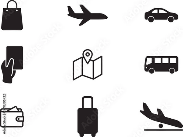 Fototapeta Travel and Transportation Icon Set: Navigation, Luggage, and Vacation Planning