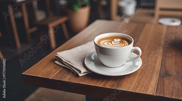 Fototapeta Steaming hot latte art coffee cup presented elegantly on a rustic wooden table, perfect for cafe ambiance and morning ritual.