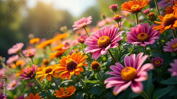 Obraz Vibrant pink and orange daisy flowers bloom in a sunlit garden, bringing joy and natural beauty to any project.