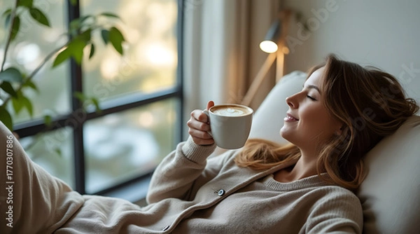Fototapeta Joyful woman relaxing with a warm latte, finding perfect peace and comfort in a cozy home setting, a moment of pure bliss captured.