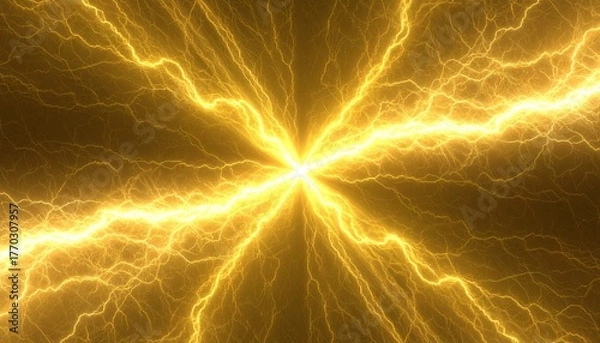 Fototapeta 中央から放射する黄金の稲妻. Golden Lightning Radiating from the Center. AI generated.