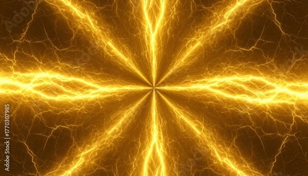 Fototapeta 中央から放射する黄金の稲妻. Golden Lightning Radiating from the Center. AI generated.