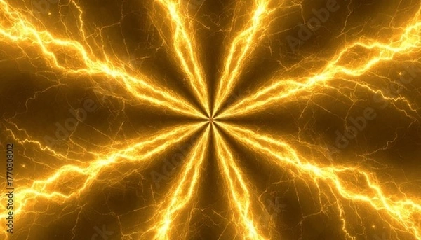Fototapeta 中央から放射する黄金の稲妻. Golden Lightning Radiating from the Center. AI generated.