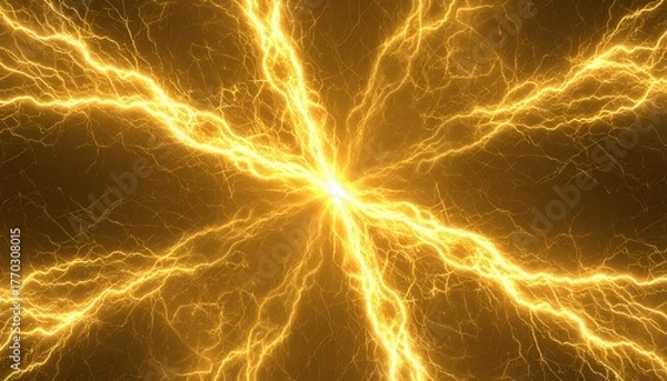 Fototapeta 中央から放射する黄金の稲妻. Golden Lightning Radiating from the Center. AI generated.