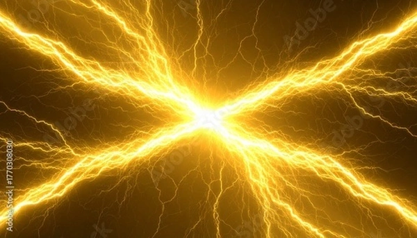 Fototapeta 中央から放射する黄金の稲妻. Golden Lightning Radiating from the Center. AI generated.