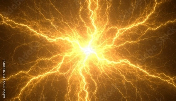 Fototapeta 中央から放射する黄金の稲妻. Golden Lightning Radiating from the Center. AI generated.
