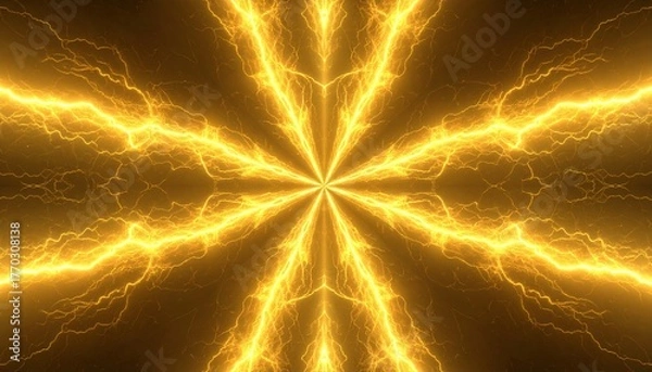 Fototapeta 中央から放射する黄金の稲妻. Golden Lightning Radiating from the Center. AI generated.