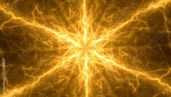 Fototapeta 中央から放射する黄金の稲妻. Golden Lightning Radiating from the Center. AI generated.