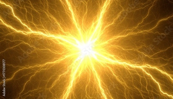 Fototapeta 中央から放射する黄金の稲妻. Golden Lightning Radiating from the Center. AI generated.