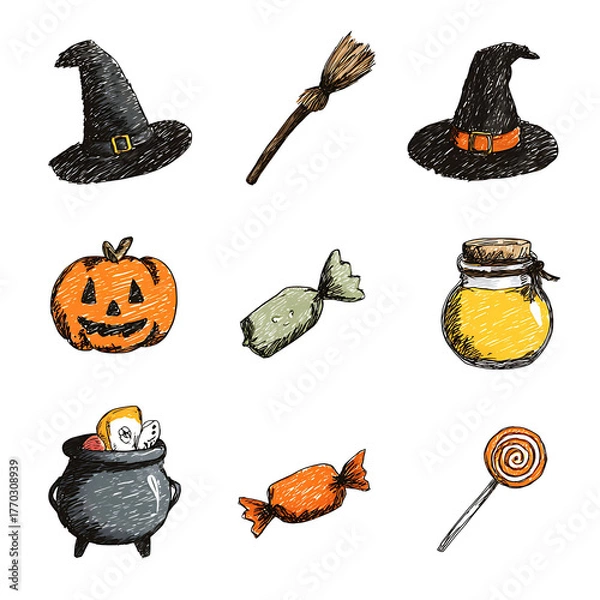 Fototapeta Hand drawn Halloween icons set witch hat broom potion jack o lantern candy simple vector style transparent background 