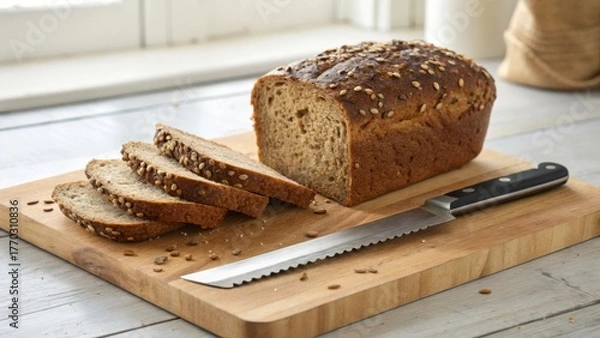 Fototapeta Freshly baked whole grain bread sliced on a wooden cutting board
