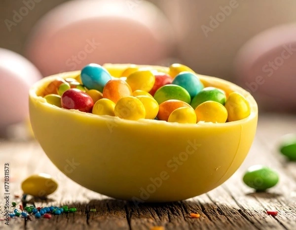 Fototapeta Half chocolate egg brimming with colorful candies, wood table