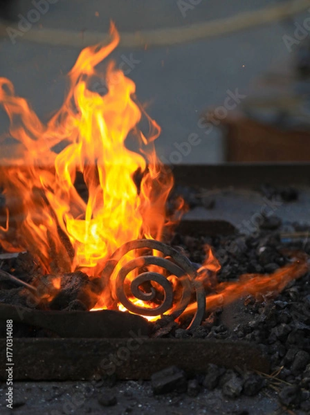 Fototapeta fuego espiral de hierro al rojo vivo en la fragua forja de carbón forjador herrero  4M0A8500-as25