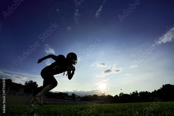 Obraz Amerykański piłkarz biegnie przez boisko o zachodzie słońca.