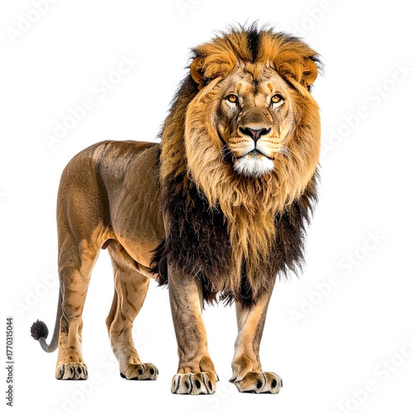 Fototapeta Majestic Lion: Witness the regal presence of a dominant male lion, its magnificent mane and powerful stance a testament to its kingly status.&#x20;