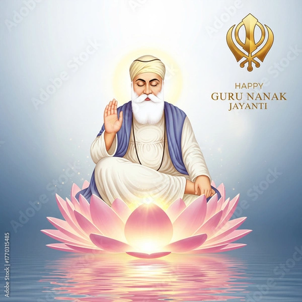 Fototapeta Happy Guru Nanak Jayanti Greeting with Guru Nanak Dev Ji and Golden Khanda Symbol