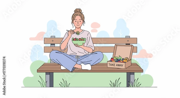 Fototapeta Woman Enjoying A Salad In The Park With Take Away Fruits