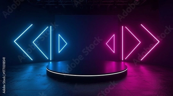 Fototapeta Futuristic Stage with Glowing Arrows and a Dark Backdrop | Digital Presentation Concept