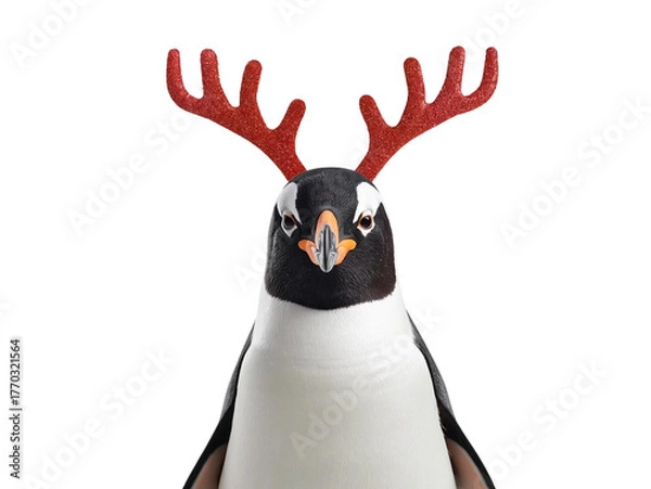 Fototapeta Penguin with red deer antlers isolated on transparent or white background, png