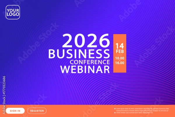Fototapeta A website header template for a business conference or webinar landing page. This abstract design features thin, wavy contour lines and registration buttons on a blue-purple gradient.