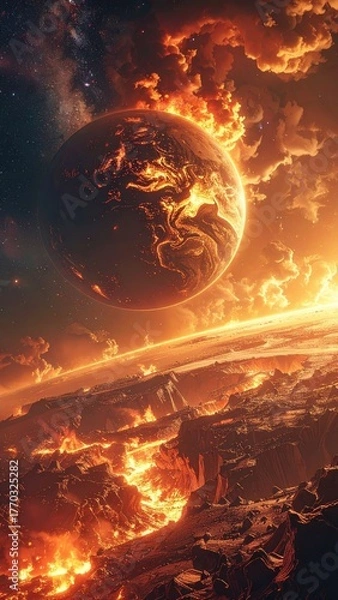 Obraz Fiery Planet Apocalypse: Burning Cityscape and Cosmic Inferno