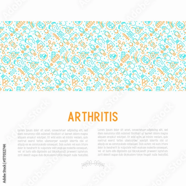 Fototapeta Arthritis concept with thin line icons of symptoms and treatments: pain in joints, obesity, fast food, alcohol, medicine, wheelchair. Vector illustration for banner, web page, print media.