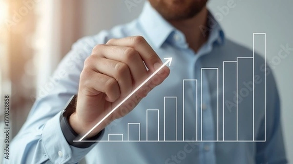 Fototapeta A professional's hand illustrates a glowing chart depicting business growth, strategic planning, and successful financial advancement, symbolizing future market success and data analysis insights