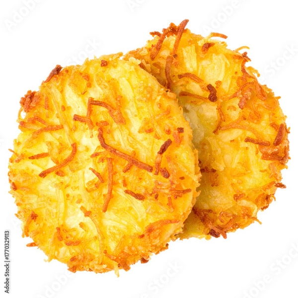 Fototapeta Golden Potato Cakes: A close-up shot of two crispy, golden-brown potato cakes. The intricate texture and rich color evoke a sense of warmth, making it the perfect comfort food.