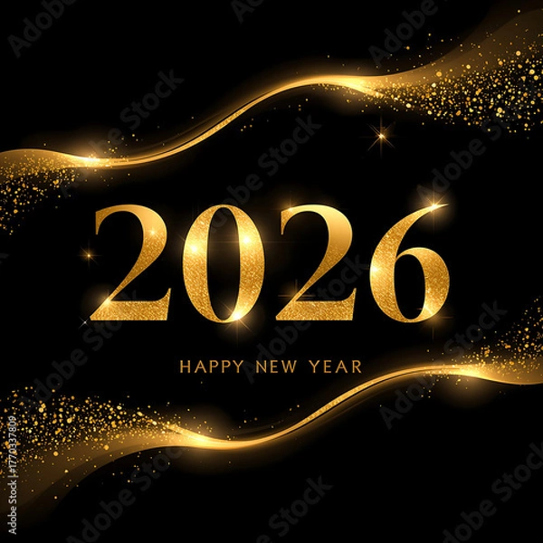 Fototapeta Elegant New Year 2026 design with a dark background featuring golden sparkling waves and glitter. The text 2026 Happy New Year is styled in a modern golden font with glowing particles,.