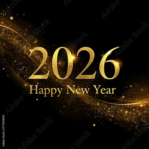 Fototapeta Elegant New Year 2026 design with a dark background featuring golden sparkling waves and glitter. The text 2026 Happy New Year is styled in a modern golden font with glowing particles,.