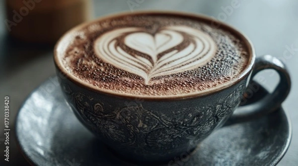 Fototapeta A Close-Up of a Beautifully Crafted Latte with Heart-Shaped Foam Art in an Elegant Ceramic Cup on a Wooden Table Setting