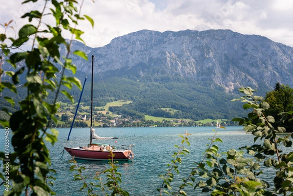 Obraz Sailboat on Attersee Lake with mountain view, Austria