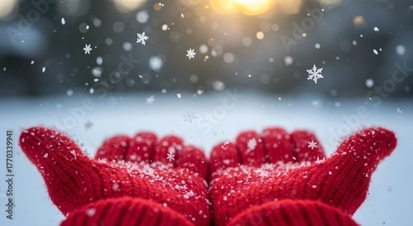 Fototapeta Hands in red mittens catching snowflakes