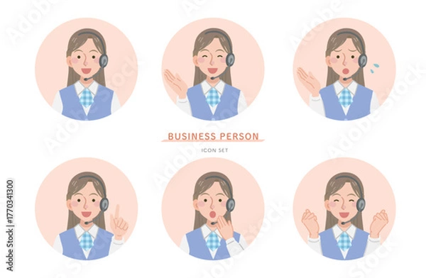 Obraz 女性オペレーターの様々な表情のアイコンセット