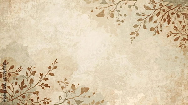 Fototapeta Sepia toned textured background with decorative branches and leaves in corners