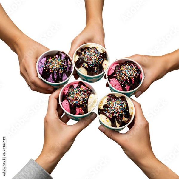 Fototapeta Four hands holding ice cream cups with colorful scoops and chocolate sauce. The background is transparent, emphasizing the dessert.