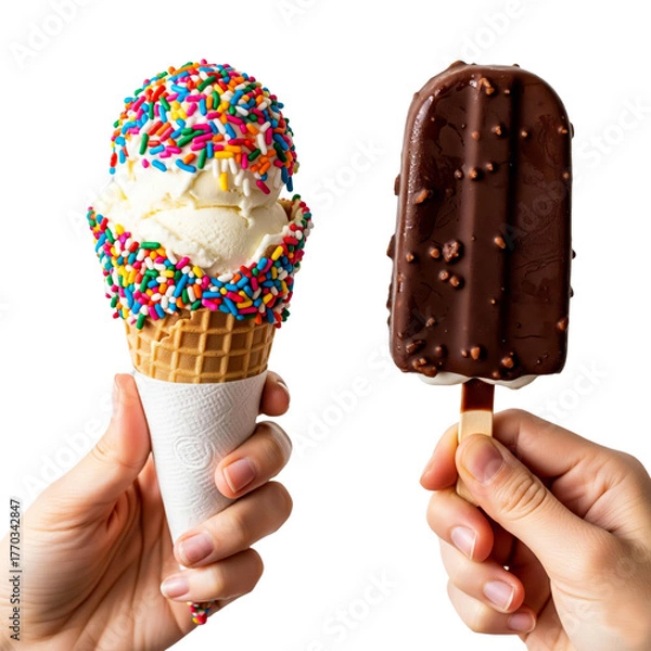 Fototapeta Two hands holding ice cream treats. One hand holds a cone with vanilla ice cream topped with colorful sprinkles. The other hand holds a chocolate-covered ice cream bar.