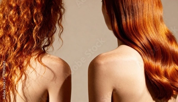 Obraz Before and after concept.  women with red hair, one with curly hair and the other with straight hair, are seen from the back. They have fair skin and are posed against a neutral background.