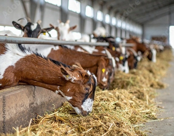 Fototapeta Close-up of goats eating straw in a stable, representing dairy goat farm and sustainable agriculture.