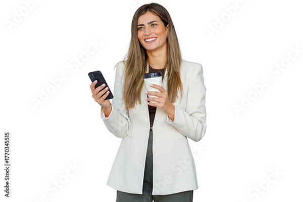 Fototapeta Professional businesswoman smiling, holding coffee and smartphone, standing and looking away on transparent background
