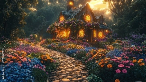 Obraz Enchanted Garden with Vibrant Flowers and Charming Cottage