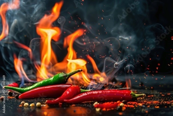 Fototapeta Red Chili Peppers on Fire with Fiery Sparks and Smoke