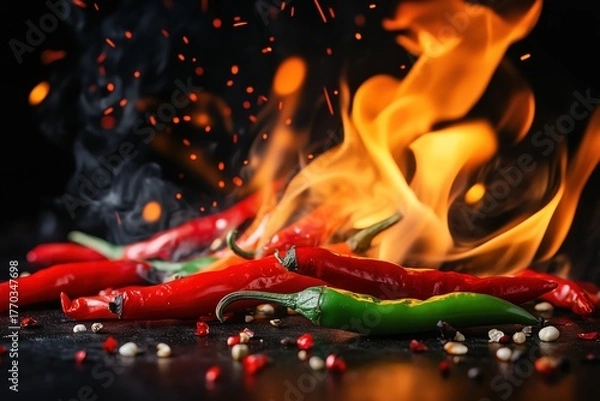 Fototapeta Red Chili Peppers on Fire with Fiery Sparks and Smoke